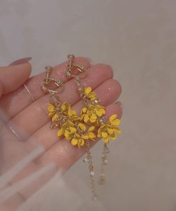 Fairy Flower Tassel Earrings with Freshwater Pearls - Long Elegant Ear Drops in Forest Style for a Slimmer Face Look