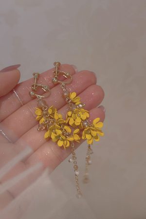 Fairy Flower Tassel Earrings with Freshwater Pearls - Long Elegant Ear Drops in Forest Style for a Slimmer Face Look