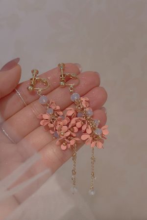 Fairy Flower Tassel Earrings with Freshwater Pearls - Long Elegant Ear Drops in Forest Style for a Slimmer Face Look