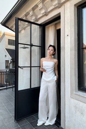 Fashionable Street Style Tencel Linen Strapless Top and Pants Set - Chic Casual Outfit for Summer 90s Inspired Look