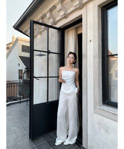 Fashionable Street Style Tencel Linen Strapless Top and Pants Set - Chic Casual Outfit for Summer 90s Inspired Look