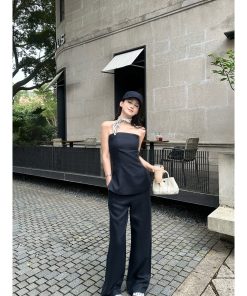Fashionable Street Style Tencel Linen Strapless Top and Pants Set - Chic Casual Outfit for Summer 90s Inspired Look