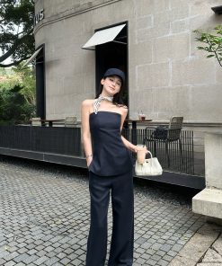 Fashionable Street Style Tencel Linen Strapless Top and Pants Set - Chic Casual Outfit for Summer 90s Inspired Look