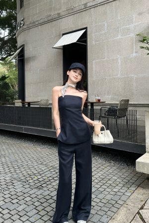 Fashionable Street Style Tencel Linen Strapless Top and Pants Set - Chic Casual Outfit for Summer 90s Inspired Look