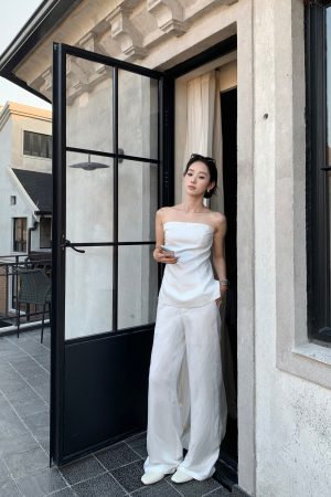 Fashionable Street Style Tencel Linen Strapless Top and Pants Set - Chic Casual Outfit for Summer 90s Inspired Look