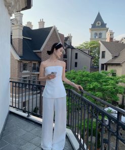 Fashionable Street Style Tencel Linen Strapless Top and Pants Set - Chic Casual Outfit for Summer 90s Inspired Look