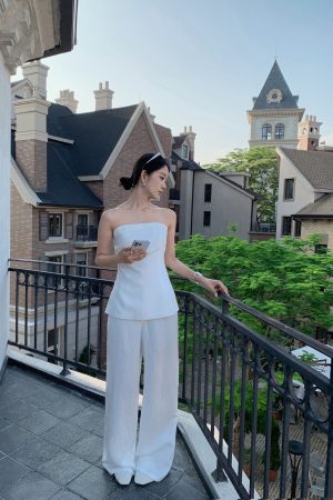 Fashionable Street Style Tencel Linen Strapless Top and Pants Set - Chic Casual Outfit for Summer 90s Inspired Look