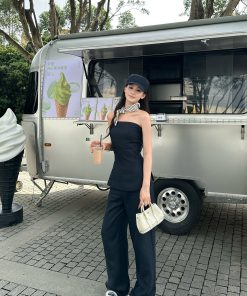 Fashionable Street Style Tencel Linen Strapless Top and Pants Set - Chic Casual Outfit for Summer 90s Inspired Look