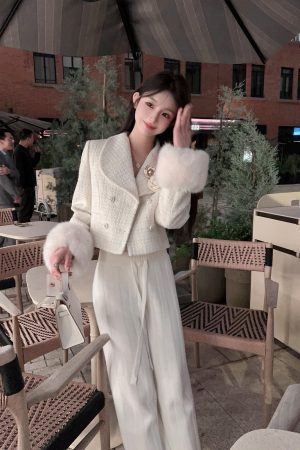Faux Mink Velvet Wide-Leg Pants for Women - Cream White High Waist Straight Loose Casual Trousers for Spring