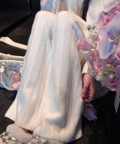 Faux Mink Velvet Wide-Leg Pants for Women - Cream White High Waist Straight Loose Casual Trousers for Spring