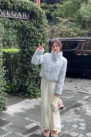 Faux Mink Velvet Wide-Leg Pants for Women - Cream White High Waist Straight Loose Casual Trousers for Spring