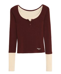 Faux Two-Piece Slim Fit Long Sleeve Top for Women - Stylish Base Layer for Autumn & Winter, Perfect for Outdoor Wear, 2025 Trend