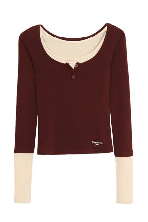Faux Two-Piece Slim Fit Long Sleeve Top for Women - Stylish Base Layer for Autumn & Winter, Perfect for Outdoor Wear, 2025 Trend