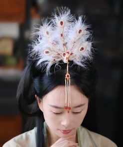 Feather Phoenix Crown Headdress, Ancient Style Hanfu Hairpin with Tassels, Classical Dance Accessories, Fairy-Like Design