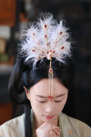 Feather Phoenix Crown Headdress, Ancient Style Hanfu Hairpin with Tassels, Classical Dance Accessories, Fairy-Like Design