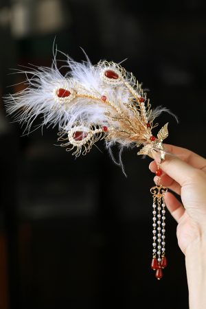 Feather Phoenix Crown Headdress, Ancient Style Hanfu Hairpin with Tassels, Classical Dance Accessories, Fairy-Like Design