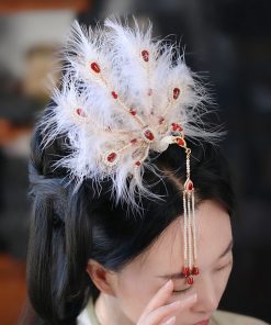 Feather Phoenix Crown Headdress, Ancient Style Hanfu Hairpin with Tassels, Classical Dance Accessories, Fairy-Like Design