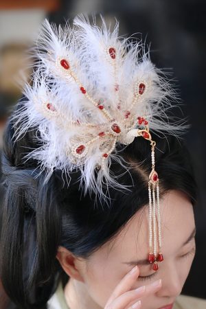 Feather Phoenix Crown Headdress, Ancient Style Hanfu Hairpin with Tassels, Classical Dance Accessories, Fairy-Like Design