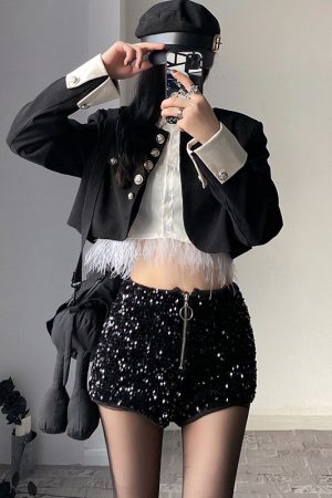 Feather Spliced Short Shirt and High-Waisted Sequin Shorts Set for Early Autumn, Trendy Fashion for BabykinG Style