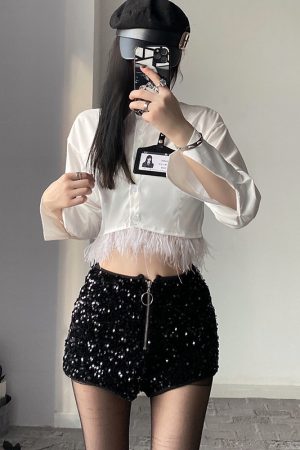Feather Spliced Short Shirt and High-Waisted Sequin Shorts Set for Early Autumn, Trendy Fashion for BabykinG Style