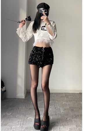 Feather Spliced Short Shirt and High-Waisted Sequin Shorts Set for Early Autumn, Trendy Fashion for BabykinG Style
