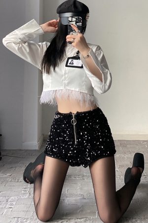 Feather Spliced Short Shirt and High-Waisted Sequin Shorts Set for Early Autumn, Trendy Fashion for BabykinG Style