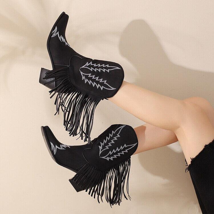 Female Lawyer Fashion, 90'lar Stili - Disco Cowgirl Fringe Ankle Boots Female Lawyer Fashion, 90'lar Stili - Disco Cowgirl Fringe Ankle Boots
