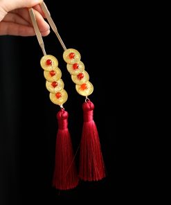 Festive Copper Coin Hairpin for Girls, Vintage Hanfu Hair Accessory with Red Tassels, Horse-Face Skirt Pin, Elegant Step-Shake Design