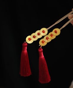 Festive Copper Coin Hairpin for Girls, Vintage Hanfu Hair Accessory with Red Tassels, Horse-Face Skirt Pin, Elegant Step-Shake Design