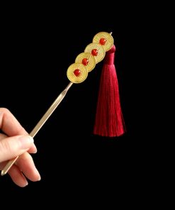Festive Copper Coin Hairpin for Girls, Vintage Hanfu Hair Accessory with Red Tassels, Horse-Face Skirt Pin, Elegant Step-Shake Design