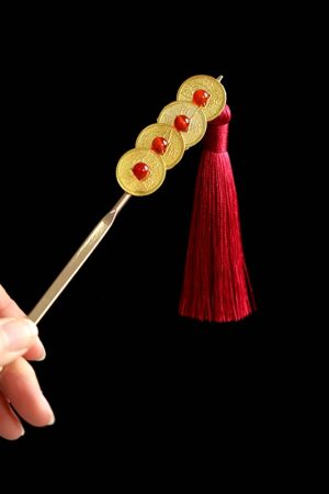Festive Copper Coin Hairpin for Girls, Vintage Hanfu Hair Accessory with Red Tassels, Horse-Face Skirt Pin, Elegant Step-Shake Design