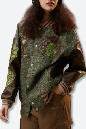 Finals Week Outfit Winter, University Outfit Comfy - Patchwork Bomber Jacket