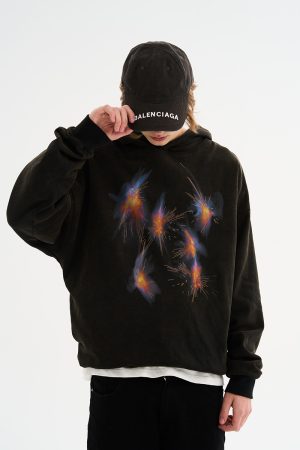Fireworks Street Hip-Hop Wash Hoodie - Mu Zhicheng Inspired, Unisex, Casual 90s Style Pullover for Streetwear Enthusiasts