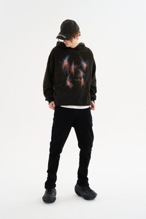 Fireworks Street Hip-Hop Wash Hoodie - Mu Zhicheng Inspired, Unisex, Casual 90s Style Pullover for Streetwear Enthusiasts