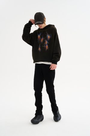 Fireworks Street Hip-Hop Wash Hoodie - Mu Zhicheng Inspired, Unisex, Casual 90s Style Pullover for Streetwear Enthusiasts