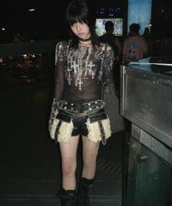 Fits Grunge Y2k, Outfits For School Tomboy - Grunge Cross Wide Neck Mesh Top