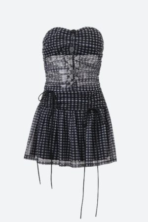 Fits Ideas Winter, High Boots And Skirt Outfit - Checkered Strapless Top & Mini Skirt Two Piece Set