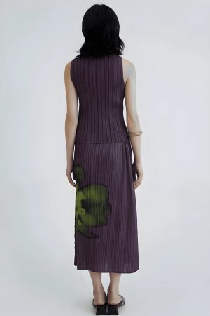 Fits With Linen Pants, Autumn Outfit - Floral Top & Midi Skirt Two Piece Set