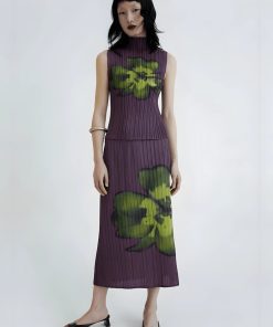 Fits With Linen Pants, Autumn Outfit - Floral Top & Midi Skirt Two Piece Set