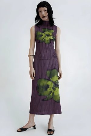 Fits With Linen Pants, Autumn Outfit - Floral Top & Midi Skirt Two Piece Set
