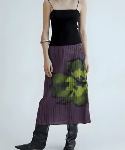 Fits With Linen Pants, Autumn Outfit - Floral Top & Midi Skirt Two Piece Set