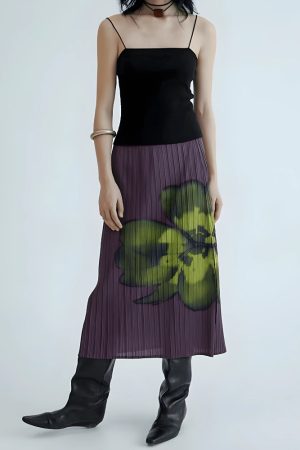 Fits With Linen Pants, Autumn Outfit - Floral Top & Midi Skirt Two Piece Set