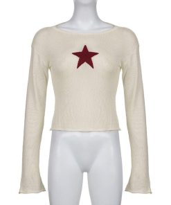 Fitted Collared Shirt Women, Trajes Aesthetic - Star Embroidery Knitted Top