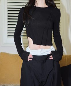 Fitted Long Sleeve Crop Top with Raw Edge Design for Women - Trendy Casual Style