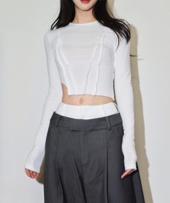 Fitted Long Sleeve Crop Top with Raw Edge Design for Women - Trendy Casual Style