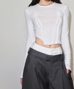 Fitted Long Sleeve Crop Top with Raw Edge Design for Women - Trendy Casual Style