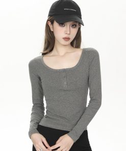 Fitted Long Sleeve Ribbed T-Shirt for Women - Solid Color Basic Top for Spring & Autumn, 2025 Trendy Spicy Girl Style