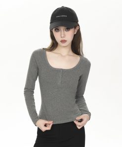 Fitted Long Sleeve Ribbed T-Shirt for Women - Solid Color Basic Top for Spring & Autumn, 2025 Trendy Spicy Girl Style