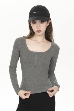 Fitted Long Sleeve Ribbed T-Shirt for Women - Solid Color Basic Top for Spring & Autumn, 2025 Trendy Spicy Girl Style