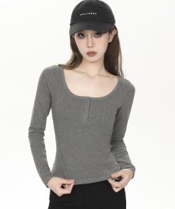 Fitted Long Sleeve Ribbed T-Shirt for Women - Solid Color Basic Top for Spring & Autumn, 2025 Trendy Spicy Girl Style